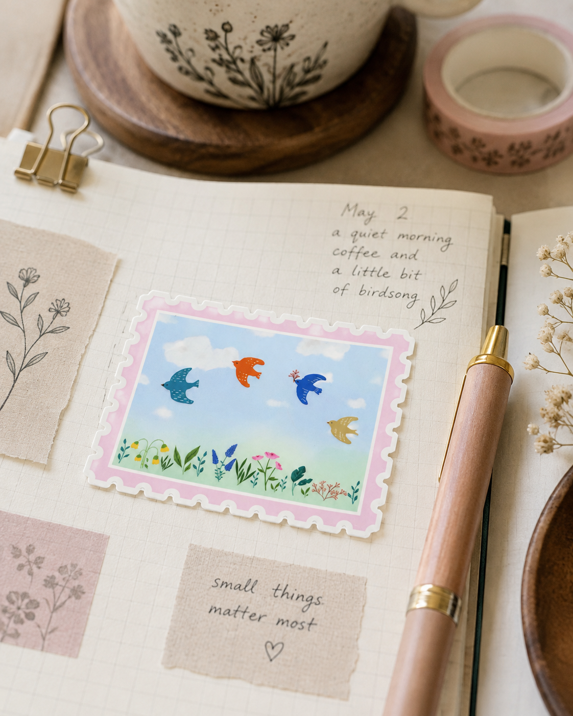 Folk Bird & Floral Postal Sticker
