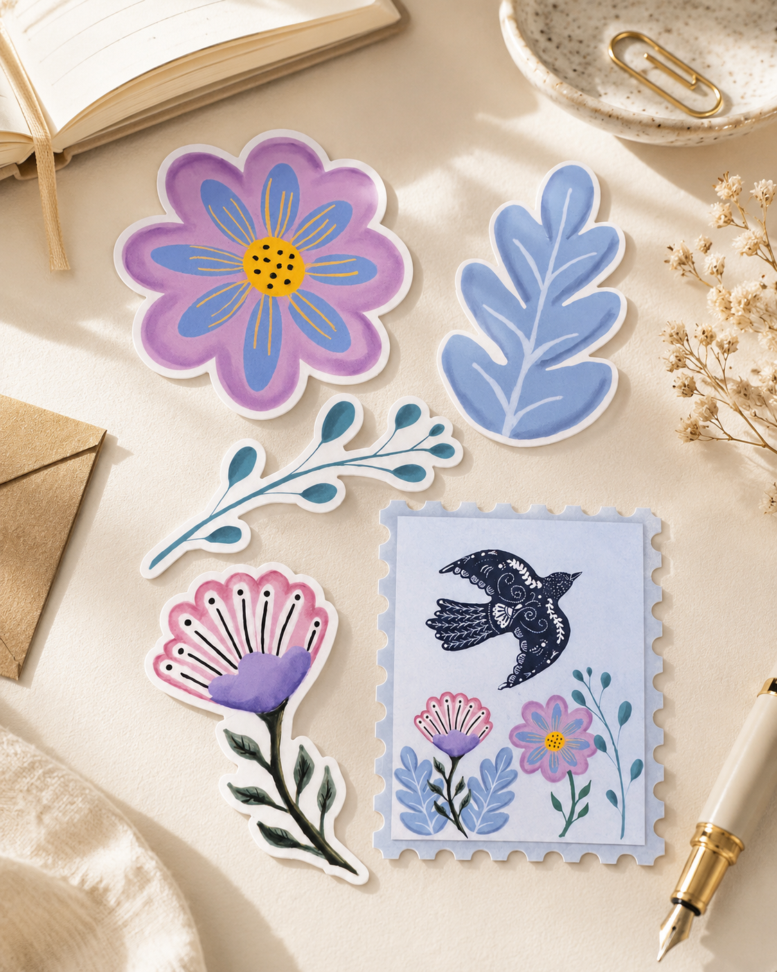 Folk Stamp and Floral Jumbo Sticker Set